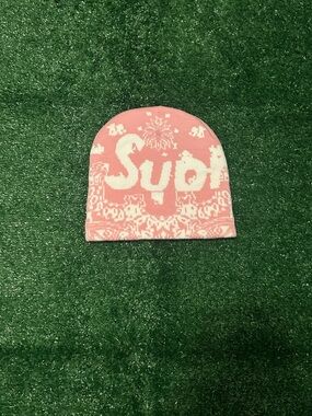 Supreme Pink Patterned Knit Hat with White Logo Detail